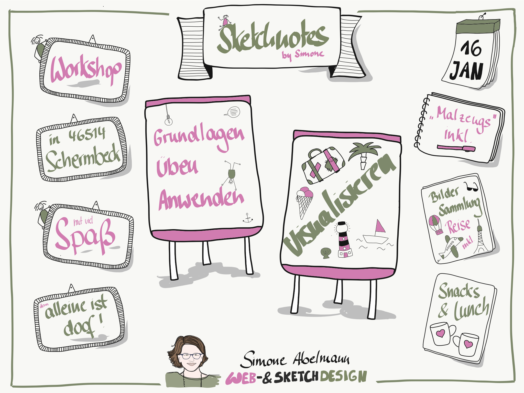 Sketchnotes by Simone - Workshop in der Schweiz Sketchnotes by Simone Abelmann - Workshop am 7.Juni in der Schweiz - Neunegg. Grundlagen, üben und anwenden.