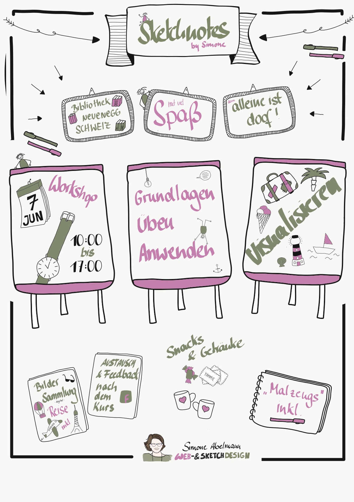 Sketchnotes by Simone - Workshop in der Schweiz Sketchnotes by Simone Abelmann - Workshop am 7.Juni in der Schweiz - Neunegg. Grundlagen, üben und anwenden.