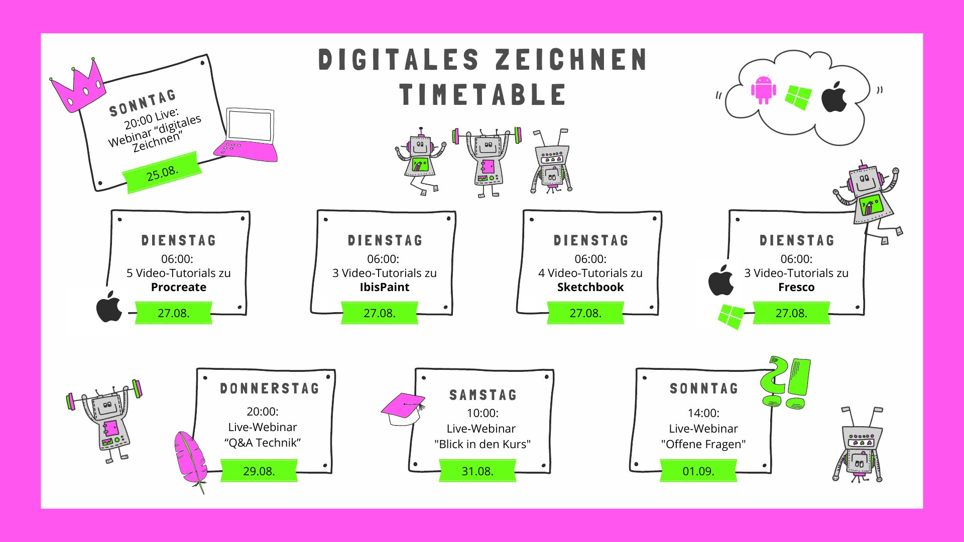 Sketchcamp Timetable Digital 2023; Funny Sketchnotes; Gratis Webinar, Zeichnen