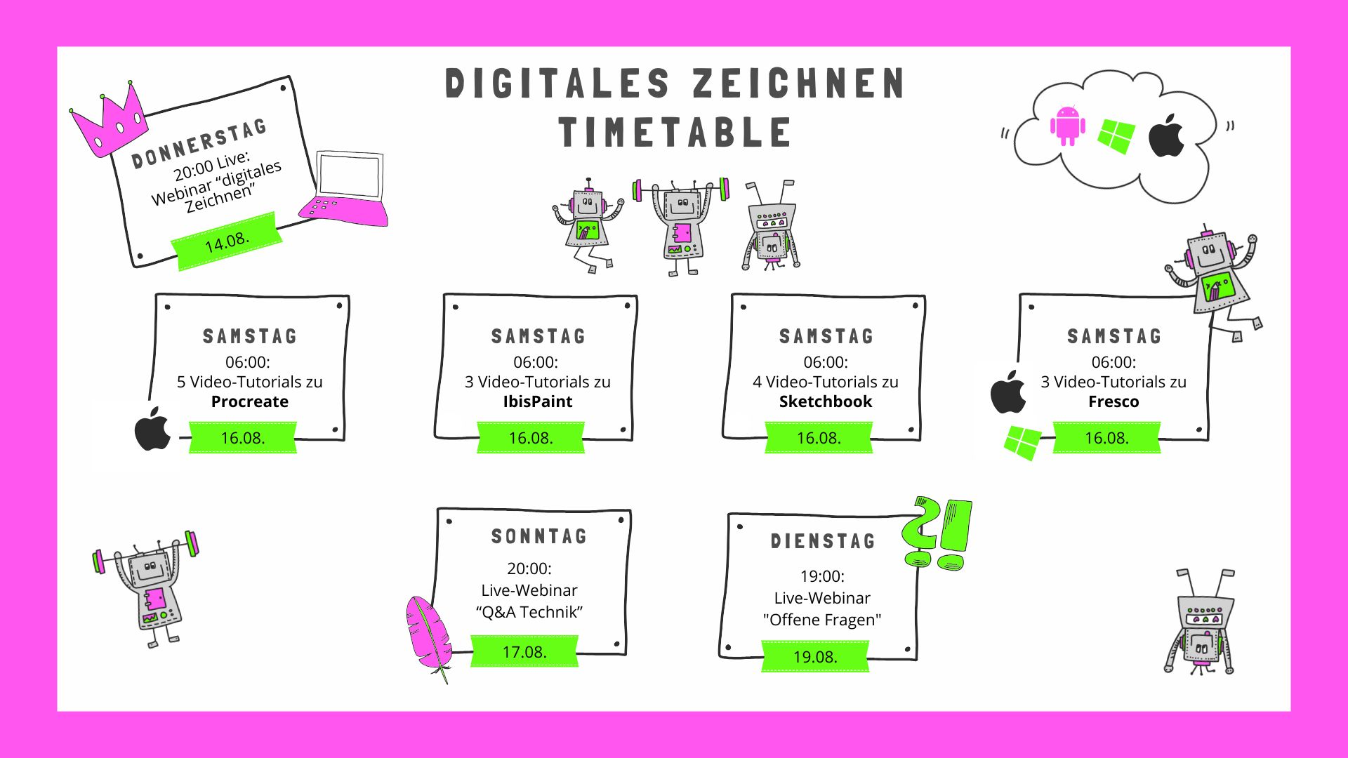 Sketchcamp Timetable Digital 2023; Funny Sketchnotes; Gratis Webinar, Zeichnen