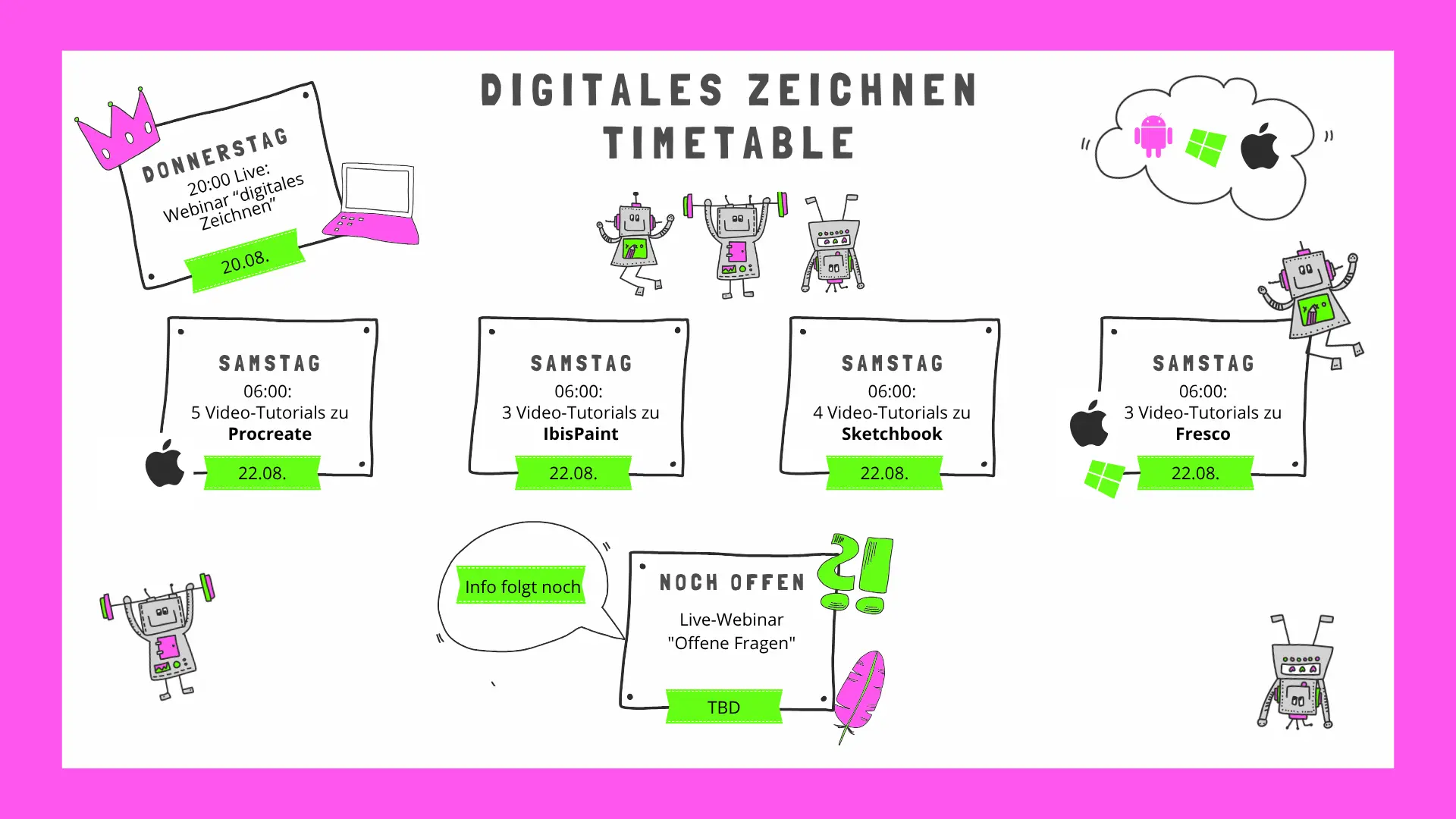Sketchcamp Timetable Digital 2023; Funny Sketchnotes; Gratis Webinar, Zeichnen
